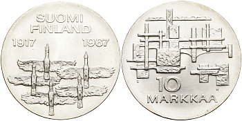 Финляндия 10 марок 1967 S-H, 50 лет независимости (1917-1967) KM 50 серебро UNC 1527-725