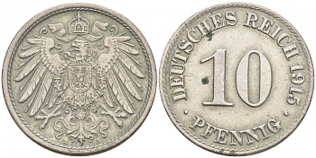 ГЕРМАНИЯ 10 ПФЕННИГОВ 1915 A J. 13, KM 12 медно-никель 73-1614