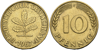 ФРГ 10 пфеннигов 1967 F J. 383, KM 108 сталь плакированная латунью 540-733