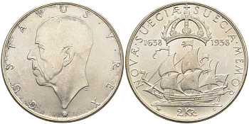 Швеция 2 кроны 1938 G, Густав V (1907-1950), 300 лет шведским поселениям в Делавере KM 807 серебро 4565-223