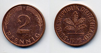ФРГ 2 ПФЕННИГА 1992 F KM 106a, J.381a сталь плакированная сталь плакированная медьюю 35-1034