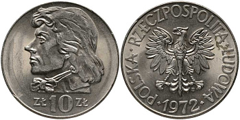 ПОЛЬША 10 ЗЛОТЫХ 1972 MW, КОСТЮШКО KM 50а медно-никель UNC 180-216