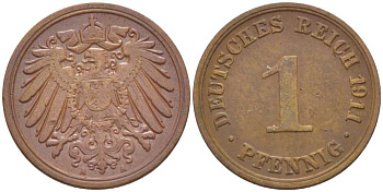 ГЕРМАНИЯ 1 ПФЕННИГ 1911 J KM 10, J. 10, Weege 2 медь 211-439