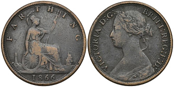 Великобритания 1 фартинг 1866 Виктория (1837-1901) KM 747.2, Spink 3958 бронза 4548-1057