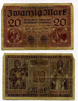 ГЕРМАНИЯ 20 МАРОК 1918 20 ФЕВРАЛЯ 1918, СЕРИЯ B, КРАСНАЯ, МИНЕРВА И МЕРКУРИЙ Pick 57, Rosenberg 55 бумага 6283-48-3