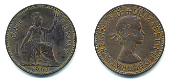 Великобритания 1 пенни 1963 Елизавета II (1952-2022) KM 897, Spink 4157 бронза 25-522