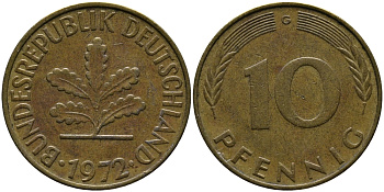 ФРГ 10 ПФЕННИГОВ 1972 G KM 108, J.383 сталь плакированная латунью 33-126