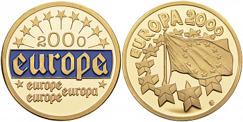 ЕВРОПА МЕДАЛЬ 2000 ОБЪЕДИНЕНИЕ ЕВРОПЫ, ЦВЕТНАЯ ЭМАЛЬ медно-никель PROOF 1087-9-42