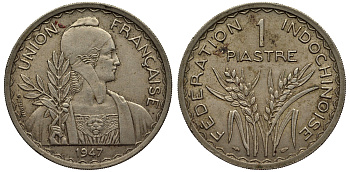 Французский Индокитай 1 пиастр 1947 а KM 32.2 медно-никель 4044-631