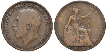 Великобритания 1 пенни 1919 Георг V (1910-1936) KM 810, Spink 4051 бронза 51-2311