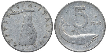 Италия 5 лир 1954 R, плуг, дельфин KM 92 алюминий 4122-111