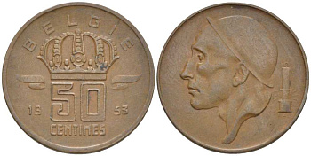 БЕЛЬГИЯ 50 САНТИМОВ 1953 BELGIE, БОДУЭН I (1951-1993) KM 145 бронза 116-964