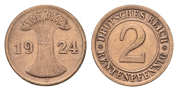Германия 2 рентенпфеннига 1924 J KM 31, J. 307 бронза 4630-1249