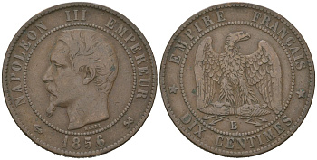 Франция 10 сантимов 1856 B, Наполеон III (1852-1870) KM 775 бронза 221-523
