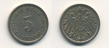 ГЕРМАНИЯ 5 ПФЕННИГОВ 1914 A, KM 11, J. 12 медно-никель 54-718