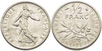 ФРАНЦИЯ 1/2 ФРАНКА 1970 СЕЯТЕЛЬ KM 931.1, LE FRANC 198.9 никель 175-936
