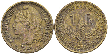 Французский Камерун 1 франк 1924 (а), монетный двор Париж KM 2 алюминиевая бронза 25-2115