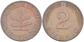 ФРГ 2 ПФЕННИГА 1979 J KM 106а, J. 381а сталь плакированная сталь плакированная медьюю 4181-835