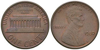 США 1 цент 1980 Авраам Линкольн KM 201 медь цинк 3458-321