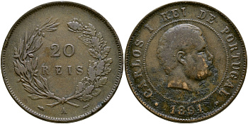 Португалия 20 рейсов 1891 А, Карлуш I (1889-1908) KM 533 бронза 81-241