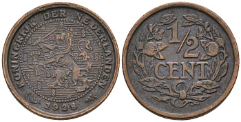 Нидерланды 1/2 цента 1928 Вильгельмина (1890-1948) KM 138 бронза 4576-455