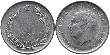 Турция 1 лира 1969 Мустафа Кемаль Ататюрк KM 889а.2 нержавеющая сталь 4538-1223