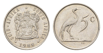 ЮАР 5 центов 1988 герб, райский журавль KM 84 никель 4627-213