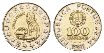 Португалия 100 эскудо 1991 Педру Нуниш (1502-1578), математик KM 645 биметалл 4388-355