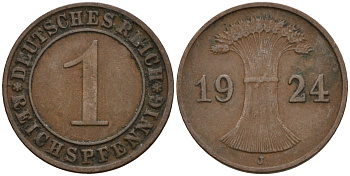 Германия 1 рейхспфенниг 1924 J KM 37, J. 313 бронза 4516-259