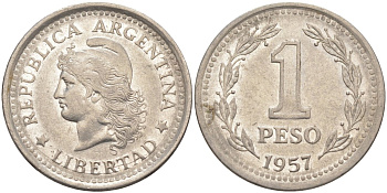 Аргентина 1 песо 1957 голова свободы влево KM 57 сталь плакированная никелем 219-1231