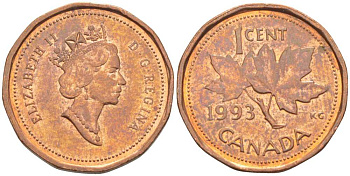 Канада 1 цент 1993 Елизавета II (1952-2022), кленовый лист KM 181 бронза 112-111