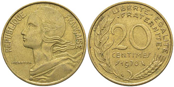 ФРАНЦИЯ 20 САНТИМОВ 1970 ТИП MARIANNE KM 930, LE FRANC 156.10 медь алюминий никель 175-834