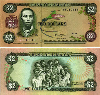 ЯМАЙКА 2 ДОЛЛАРА 1989 ПОЛЬ БОГЛЕ, TDLR, 1 ИЮЛЯ 1989, ПОДПИСЬ 9 Pick 68Ас бумага аUNC 6299-28-1-2