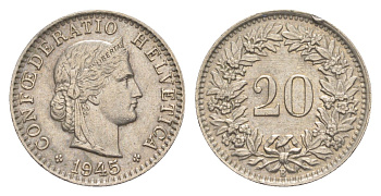 Швейцария 20 раппенов 1945 B KM 29a медно-никель 4625-1018