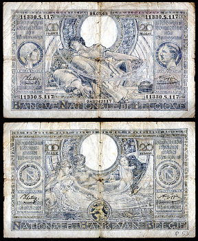 Бельгия 100 франков 1943 Pick 112 бумага 7457-32-2-2