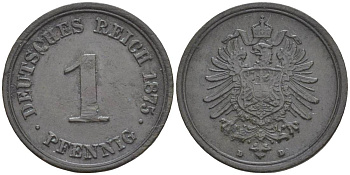 ГЕРМАНИЯ 1 ПФЕННИГ 1875 D, СТАРОГЕРБОВКА KM 1, Jager. 1, Weege 1 медь 4528-1056