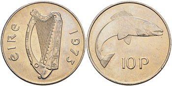 Ирландия 10 пенсов 1973 лосось KM 23 медно-никель UNC 4583-336