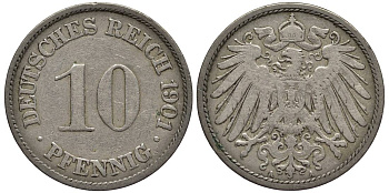 Германия 10 пфеннигов 1901 A KM 12, Jager 13, Weege 8 медно-никель 219-336