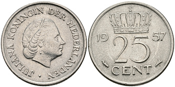 Нидерланды 25 центов 1957 Юлиана (1949-1980) KM 183 никель 96-136