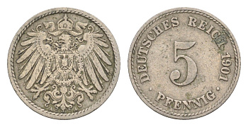Германия 5 пфеннигов 1901 A, Вильгельм II (1888-1918) KM 11, J. 12 медно-никель 4647-858
