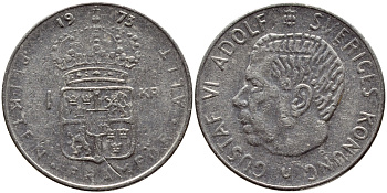 Швеция 1 крона 1973 Густав VI Адольф (1950-1973) KM 826а медь плакированная медно-никелем 4395-527