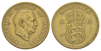 Дания 2 кроны 1949 N, Фредерик IX (1947-1972) KM 838 алюминиевая бронза 4634-526