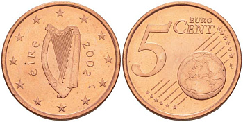 ИРЛАНДИЯ 5 ЕВРОЦЕНТОВ 2002 KM 34 сталь плакированная медью UNC 214-251