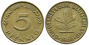 ФРГ 5 ПФЕННИГОВ 1966 D KM 107, J.382 сталь плакированная латунью 26-1131