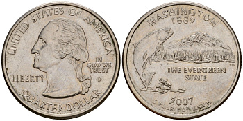США 25 центов (квотер) 2007 D, серия штаты США, штат Вашингтон KM 397 медь плакированная медно-никелем 4603-1212
