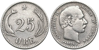 Дания 25 эре 1874 Кристиан IX (1863-1906) KM 796.1 серебро 4549-1151