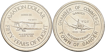 Канада, Гандер жетон 1988 1 авиационный доллар, Fox Moth никель 4590-825