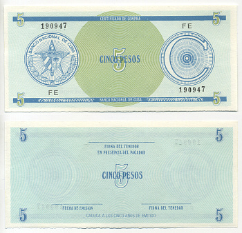 Куба, валютный сертификат 5 песо ND серия C, первый выпуск, голубая, черная серия Pick FX 13 (1) бумага UNC (пресс) 448-19-2