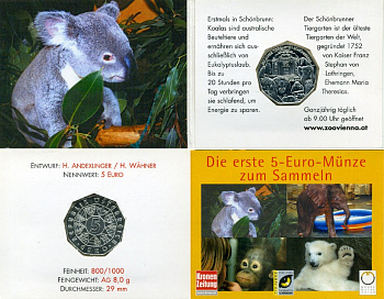 Австрия 5 евро 2002 250 лет Шенбруннскому зоопарку, в оригинальном буклете, коала KM 3091 серебро  UNC  7-5-6-42