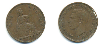 Великобритания 1 пенни 1937 Георг VI (1936-1952) KM 845, Spink 4114 бронза 89-123